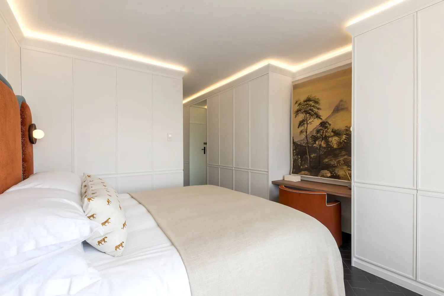 The wall opposite the bed
