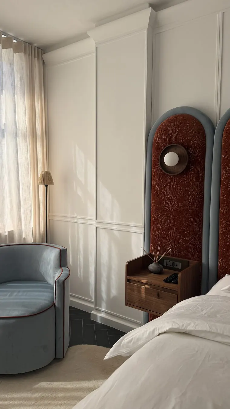 The headboard and the nightstand